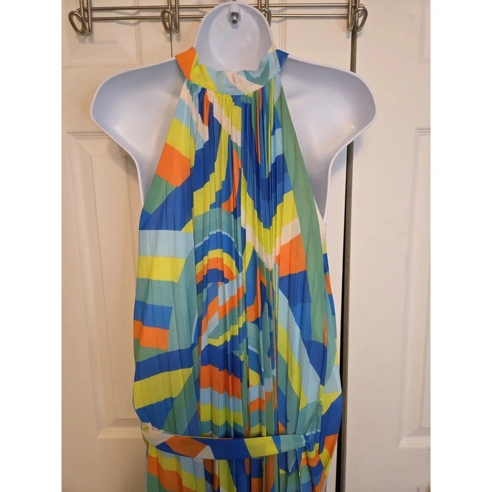 New York & Company‎ Flying Tomato L Rainbow Stripe Halter Maxi Dress Boho NEW